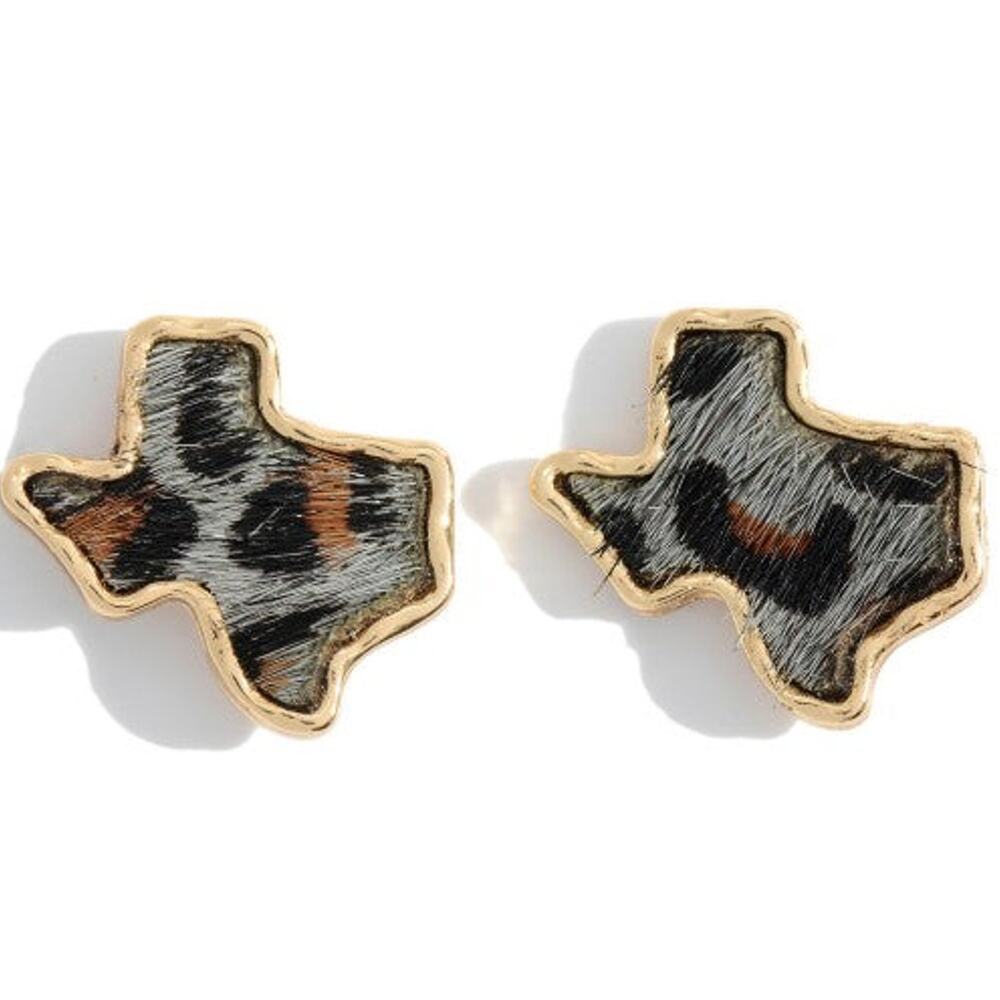 Leopard Print Texas State Stud Earrings Black Grey
